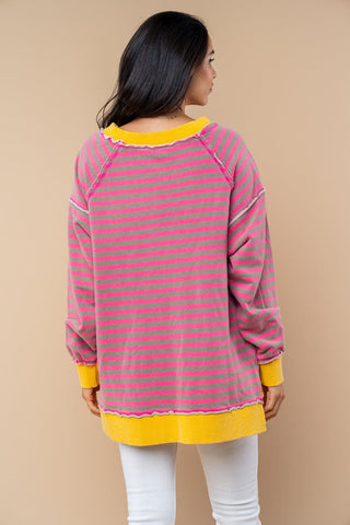 Ally Pink Striped Pullover w/Side Slits-4- Overlayer Tops-WHITE BIRCH-Styled by Stacked - A Plus Size Women's Boutique in Lakeville, MN