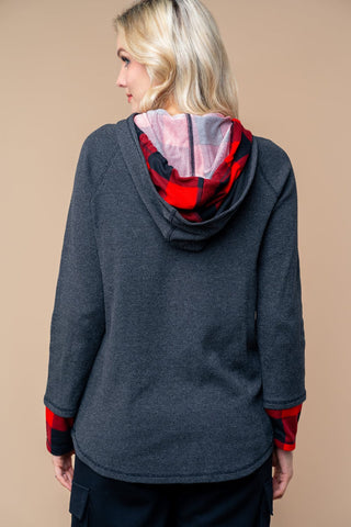 Hilary Buffalo Plaid Accent Pullover w/Double Hood-2- Long Sleeve Tops-WHITE BIRCH-Styled by Stacked - A Plus Size Women's Boutique in Lakeville, MN