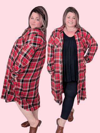 Madeline Buttondown Shirt Dress in Red + Black Plaid-11- Dress/Romp/Jump-WHITE BIRCH-Styled by Stacked - A Plus Size Women's Boutique in Lakeville, MN