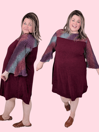 Giada Burgundy Dress w/Shimmer Sleeves-11- Dress/Romp/Jump-EMERALD-Styled by Stacked - A Plus Size Women's Boutique in Lakeville, MN