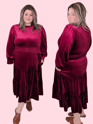 Cindy Lou Velour Midi Dress in Cherry Burgundy-11- Dress/Romp/Jump-HAPTICS-Styled by Stacked - A Plus Size Women's Boutique in Lakeville, MN