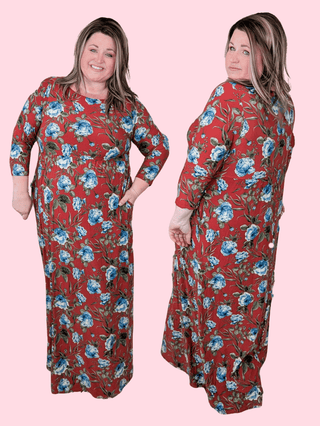Owen 3/4 Sleeve Maxi Dress in Rust and Blue Floral-11- Dress/Romp/Jump-EMERALD-Styled by Stacked - A Plus Size Women's Boutique in Lakeville, MN