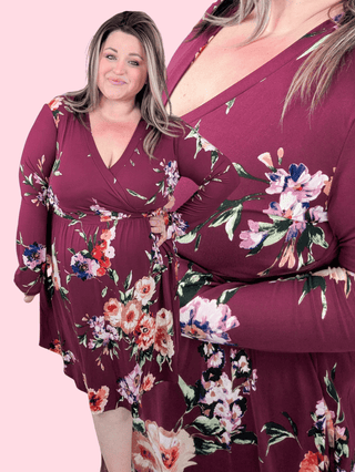 Verity Long Sleeve Faux Wrap Dress in Wine Floral-11- Dress/Romp/Jump-sweet lovely by jen-Styled by Stacked - A Plus Size Women's Boutique in Lakeville, MN