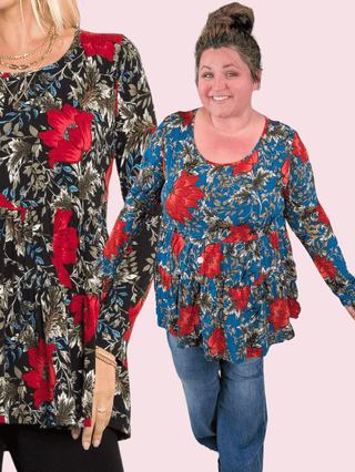 Jessie Double Tiered Scoopneck Floral Long Sleeve-2- Long Sleeve Tops-BE STAGE-Styled by Stacked - A Plus Size Women's Boutique in Lakeville, MN