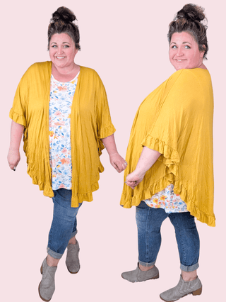 Casey Ruffle Trim Open Cardigan in Mustard-4- Overlayer Tops-HEIMISH-Styled by Stacked - A Plus Size Women's Boutique in Lakeville, MN