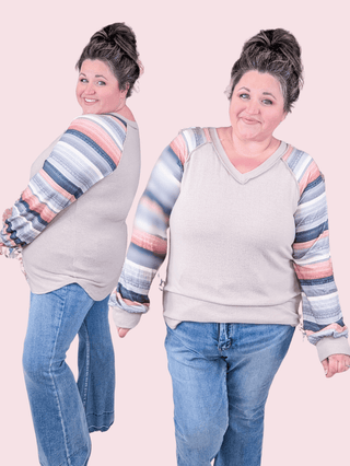 Alyssa Striped Sleeve Vneck Raglan in Taupe-2- Long Sleeve Tops-HEIMISH-Styled by Stacked - A Plus Size Women's Boutique in Lakeville, MN