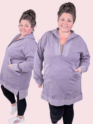 Delphina Athletic Half-Zip Tunic in Dusty Purple-2- Long Sleeve Tops-WHITE BIRCH-Styled by Stacked - A Plus Size Women's Boutique in Lakeville, MN