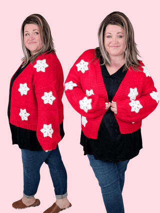 Aida Cardigan in Red w/ 3d Snowflakes-4- Overlayer Tops-MICHELLE MAE-Styled by Stacked - A Plus Size Women's Boutique in Lakeville, MN