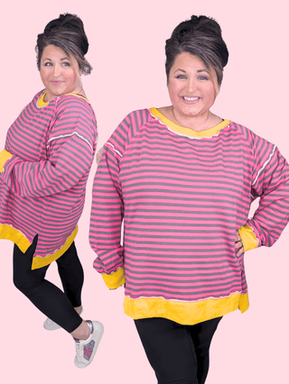 Ally Pink Striped Pullover w/Side Slits-4- Overlayer Tops-WHITE BIRCH-Styled by Stacked - A Plus Size Women's Boutique in Lakeville, MN