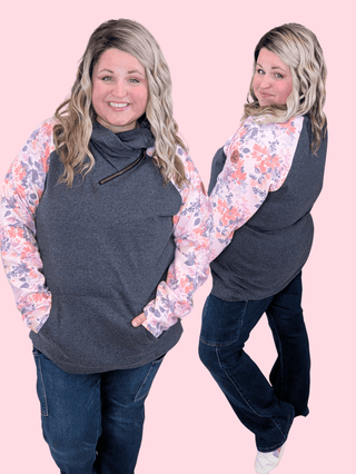 PHC- Triple Stretch Zipcowl in Charcoal + Blush-3- Hooded Tops-Michelle Mae-Styled by Stacked - A Plus Size Women's Boutique in Lakeville, MN