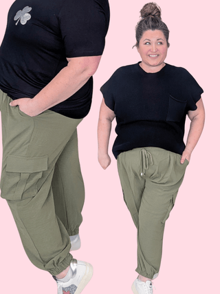 Sunnie Airflow Jogger w/Cargo Pockets in Olive Green-10- Bottoms Non-Denim-WHITE BIRCH-Styled by Stacked - A Plus Size Women's Boutique in Lakeville, MN