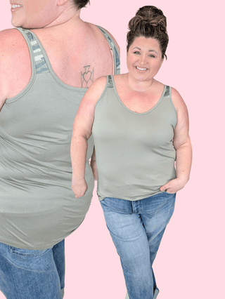 Alora Olive Tank w/Camo Accent-1- ShortSlv/Slvless Tops-MICHELLE MAE-Styled by Stacked - A Plus Size Women's Boutique in Lakeville, MN