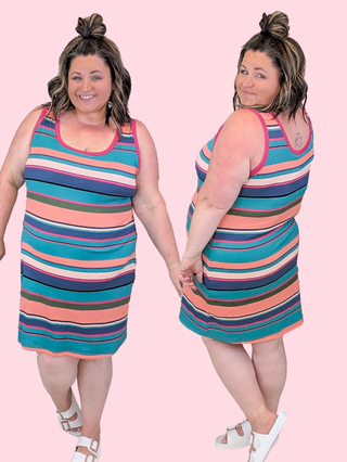 Marie Double Scoop Tank Dress w/Built in Bra in Retro Stripes