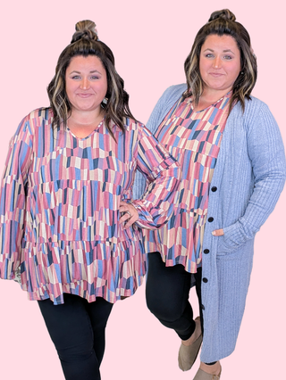Bianca Tiered Long Sleeve Top in Faded Geometric