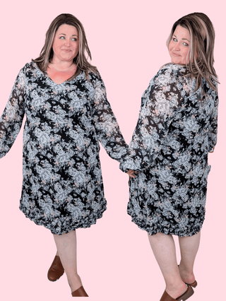 Delia Vneck Long Sleeve Dress in Florals on Black-11- Dress/Romp/Jump-Davi and Dani-Styled by Stacked - A Plus Size Women's Boutique in Lakeville, MN