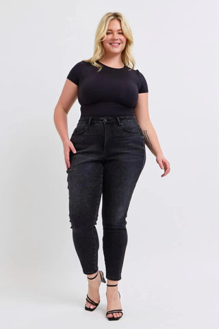 Judy Blue Tummy Control Faded Black Skinny-9- Bottoms Denim-Judy Blue-Styled by Stacked - A Plus Size Women's Boutique in Lakeville, MN