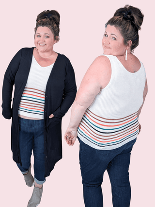 Victoria Sweater Knit Tank in Ivory Stripes-1- ShortSlv/Slvless Tops-WHITE BIRCH-Styled by Stacked - A Plus Size Women's Boutique in Lakeville, MN