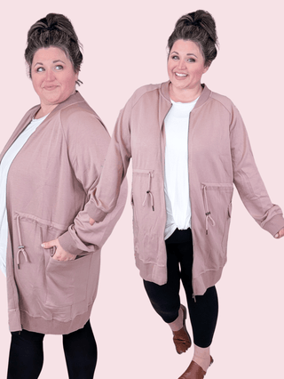 Tori Longline Scuba Knit Zip Up Jacket in Cocoa-4- Overlayer Tops-WHITE BIRCH-Styled by Stacked - A Plus Size Women's Boutique in Lakeville, MN