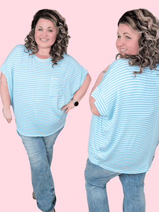 Joyce Boxy Short Sleeve Pocket Top in Aqua Stripes-1- ShortSlv/Slvless Tops-WHITE BIRCH-Styled by Stacked - A Plus Size Women's Boutique in Lakeville, MN