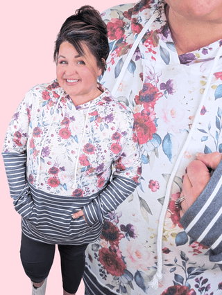 PHC- Triple Stretch Pullover Hoodie in Burgundy Bloom + Gray-3- Hooded Tops-MICHELLE MAE-Styled by Stacked - A Plus Size Women's Boutique in Lakeville, MN