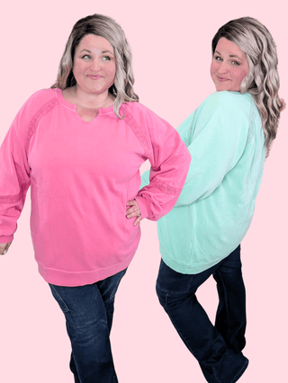 Addison Vintage Wash Pullover w/Lace Accents (2 Colors)-2- Long Sleeve Tops-MICHELLE MAE-Styled by Stacked - A Plus Size Women's Boutique in Lakeville, MN