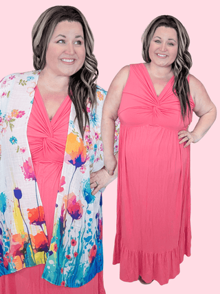 Piper Knotted Front Maxi Dress in Coral Pink-11- Dress/Romp/Jump-EMERALD-Styled by Stacked - A Plus Size Women's Boutique in Lakeville, MN