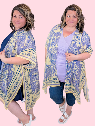 Dahlia Lavender Paisley Kimono on Butter Yellow