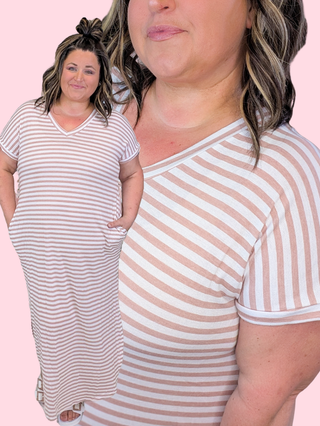 Jules Maxi Vneck Dress in Blush Mauve Stripes