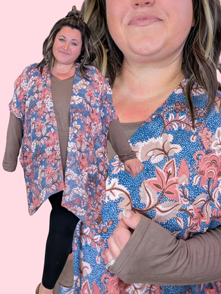 Paige Vintage Floral Kimono in Marsala, Mocha + Blue
