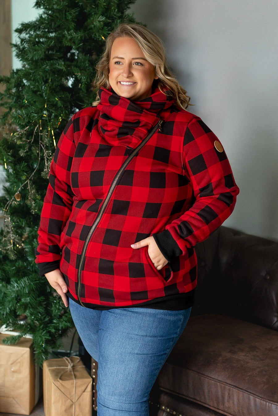 PHC- Adria Asymmetrical Buffalo Plaid Heavyweight Zip Cowl