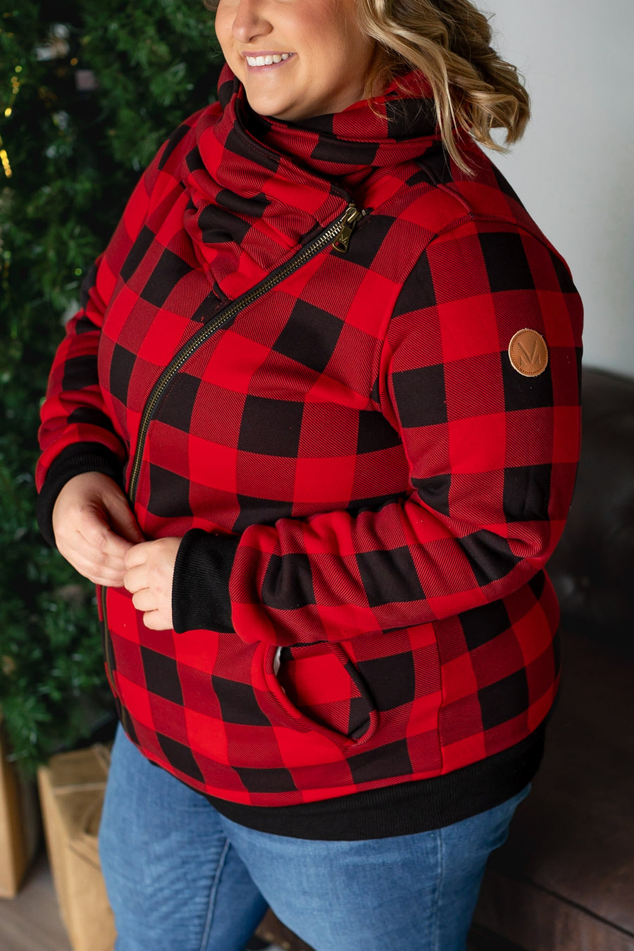PHC- Adria Asymmetrical Buffalo Plaid Heavyweight Zip Cowl