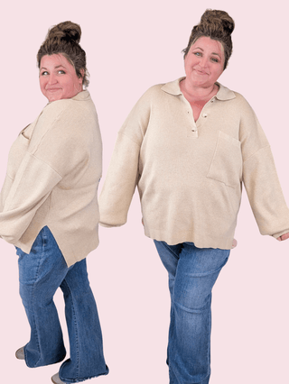 Naomi Ribbed Slouchy Sweater w/Collar in Oatmeal-2- Long Sleeve Tops-WHITE BIRCH-Styled by Stacked - A Plus Size Women's Boutique in Lakeville, MN