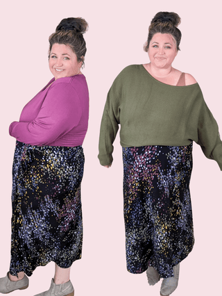 Katrina Midi Skirt in Bright Dots on Black-10- Bottoms Non-Denim-WHITE BIRCH-Styled by Stacked - A Plus Size Women's Boutique in Lakeville, MN