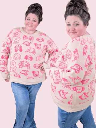 Puppy Love Pullover Sweater in Taupe + Pink-2- Long Sleeve Tops-WHITE BIRCH-Styled by Stacked - A Plus Size Women's Boutique in Lakeville, MN