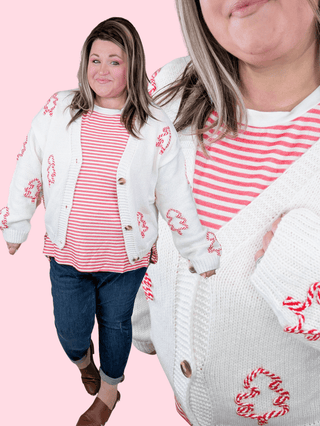 Aubrey Cream Sweater Cardigan w/ 3d Candy Cane Trees-4- Overlayer Tops-MICHELLE MAE-Styled by Stacked - A Plus Size Women's Boutique in Lakeville, MN