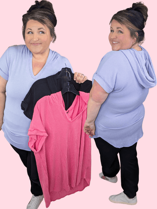 Tommi Urban Ribbed Hooded Short Sleeve Top (3 Colors)-1- ShortSlv/Slvless Tops-HEIMISH-Styled by Stacked - A Plus Size Women's Boutique in Lakeville, MN