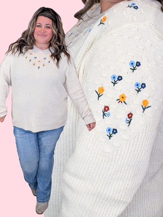 Marcella Boho Micro Floral Sweater in Beige