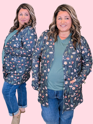 Cori Relaxed Cardigan w/Pockets in Charcoal Wildflower