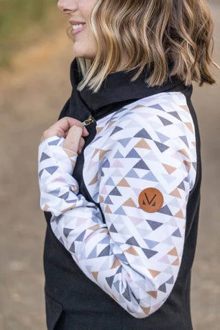 PHC Triple Stretch ZipCowl in Black w/Geometric Accent-3- Hooded Tops-MICHELLE MAE-Styled by Stacked - A Plus Size Women's Boutique in Lakeville, MN