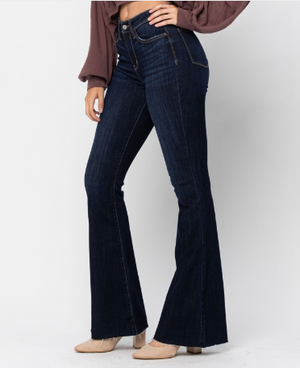 Judy Blue Super Dark High Rise Raw Hem Flare