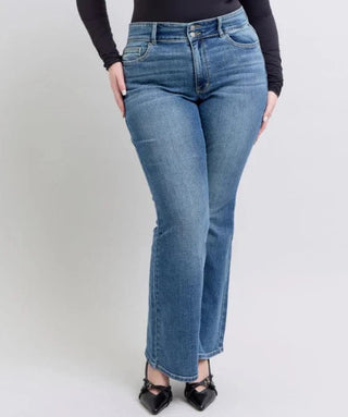 Judy Blue Double Button Patch Pocket Flares-9- Bottoms Denim-Judy Blue-Styled by Stacked - A Plus Size Women's Boutique in Lakeville, MN