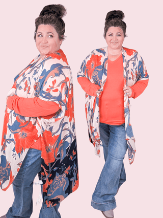 Kendall Botanical Kimono in Beige, Denim Blue + Poppy-4- Overlayer Tops-urbanista-Styled by Stacked - A Plus Size Women's Boutique in Lakeville, MN