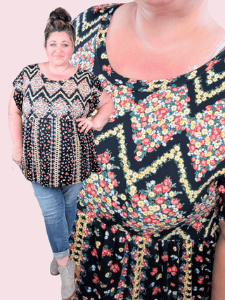 Jessica Flutter Sleeve Babydoll Top in Floral Chevron on Black-1- ShortSlv/Slvless Tops-HAPTICS-Styled by Stacked - A Plus Size Women's Boutique in Lakeville, MN
