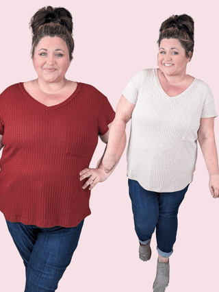 Samantha Short Sleeve Pointelle Sweater Knit Vneck Top-1- ShortSlv/Slvless Tops-BE STAGE-Styled by Stacked - A Plus Size Women's Boutique in Lakeville, MN