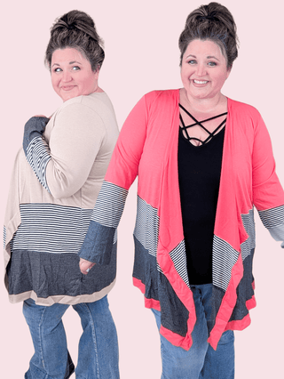 Selah Colorblock Stripe Draped Bottom Cardigan in Stripe + Solid-4- Overlayer Tops-HEIMISH-Styled by Stacked - A Plus Size Women's Boutique in Lakeville, MN