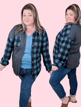 Lillian Buttondown Shirket in Teal Plaid-4- Overlayer Tops-HEIMISH-Styled by Stacked - A Plus Size Women's Boutique in Lakeville, MN