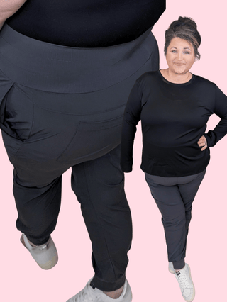 Quinlan High Rise Athletic Joggers in Charcoal Gray-10- Bottoms Non-Denim-WHITE BIRCH-Styled by Stacked - A Plus Size Women's Boutique in Lakeville, MN