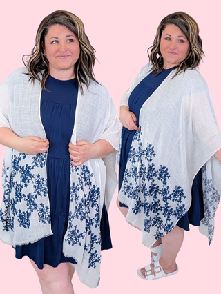 Indigo Ivory + Navy Embroidered Open Side Kimono