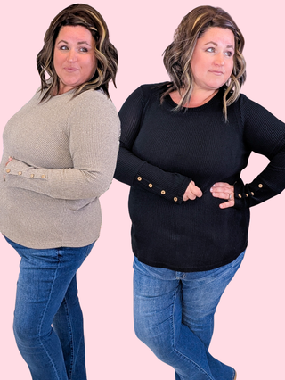 Greta Ribbed Pullover w/Button Sleeve Accents