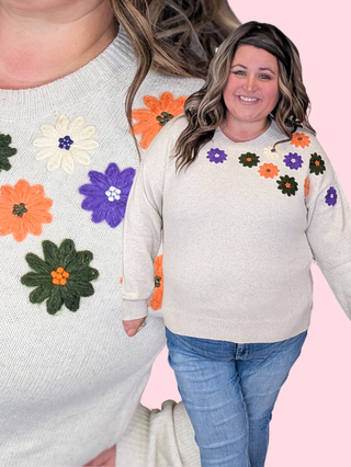 Waverly Beige Embroidered Fall Floral Sweater